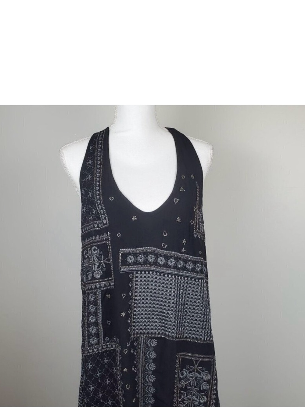Free People‎ Country Night's Mini Dress L Black Sleeveless Embroidered Beaded